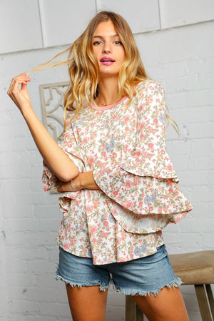 Floral Round Neck Double Bell Sleeve Top