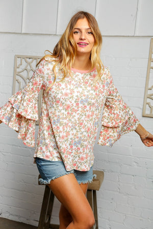 Floral Round Neck Double Bell Sleeve Top
