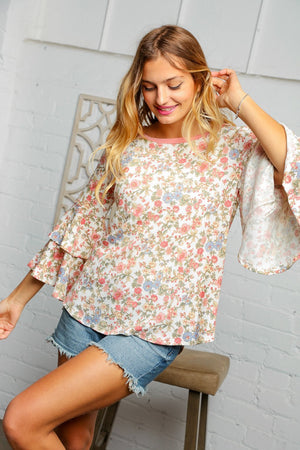 Floral Round Neck Double Bell Sleeve Top
