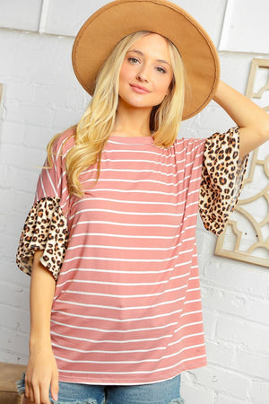 Mauve Stripe Leopard Print Flutter Sleeve Top