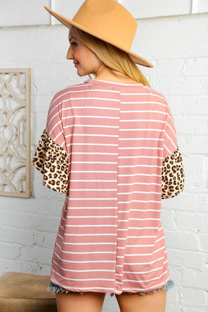 Mauve Stripe Leopard Print Flutter Sleeve Top