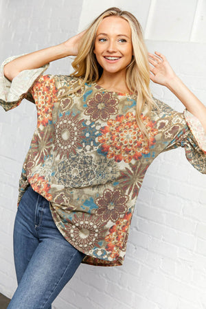 Geo Print Three Quarter Ruffle Sleeve Tunic