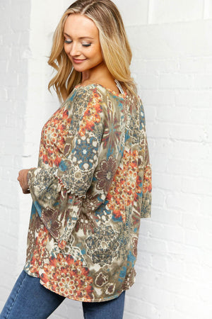 Geo Print Three Quarter Ruffle Sleeve Tunic