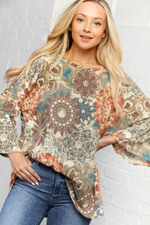 Geo Print Three Quarter Ruffle Sleeve Tunic