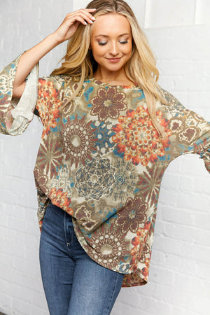 Geo Print Three Quarter Ruffle Sleeve Tunic