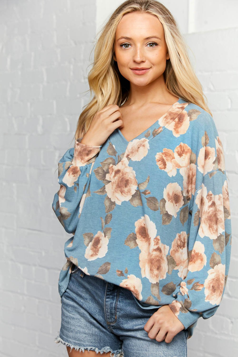 Floral Print V Neck Long Bubble Sleeve Tunic