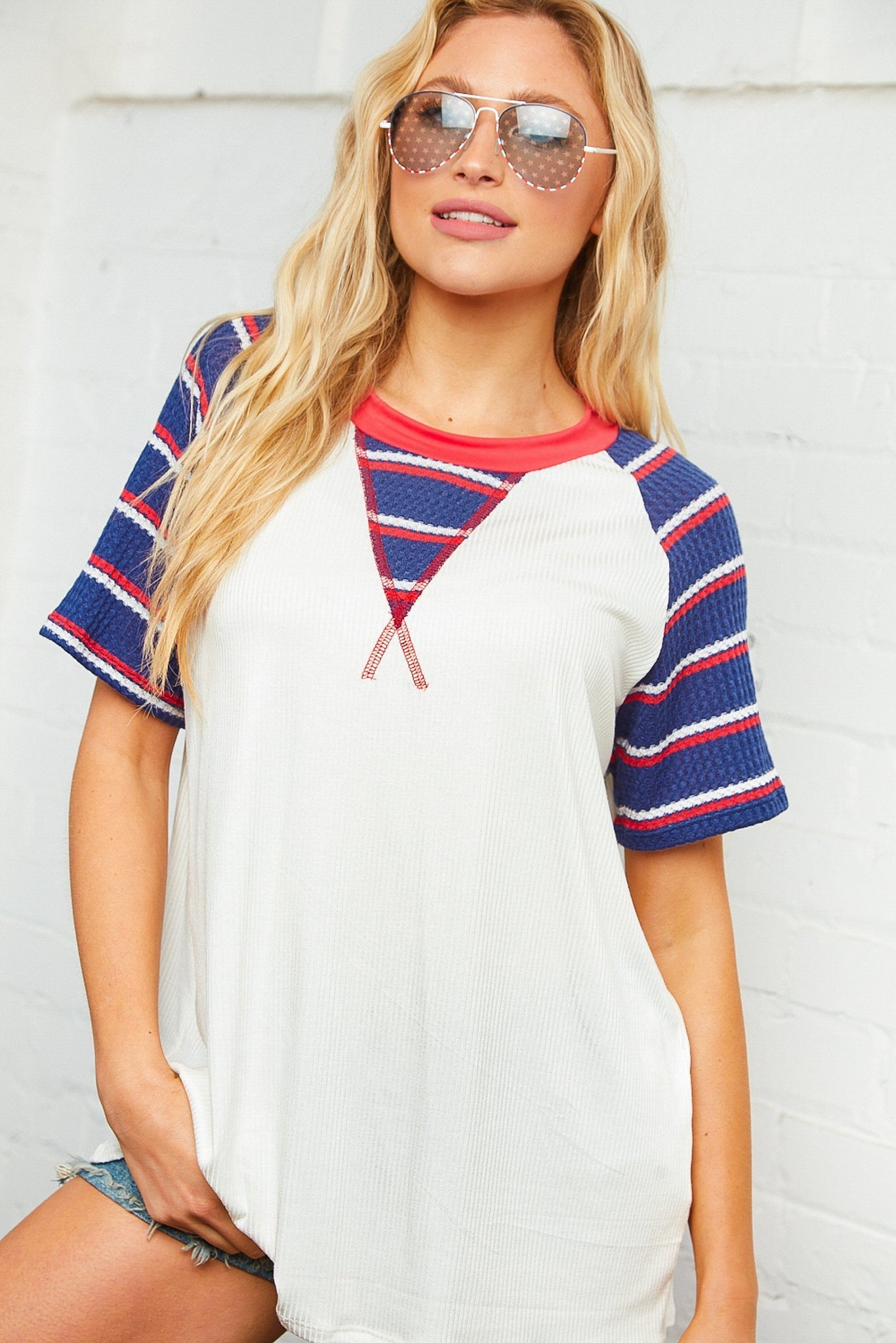 Patriotic Waffle Print Raglan Top