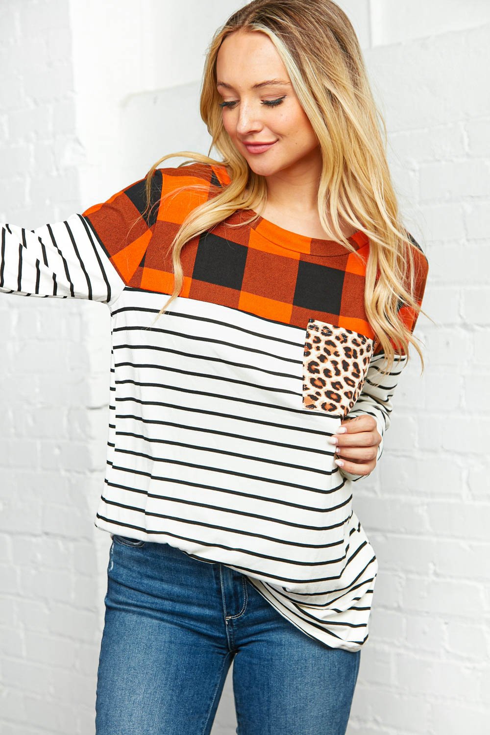 Plaid Yoke Stripe Top with Leopard Pocket