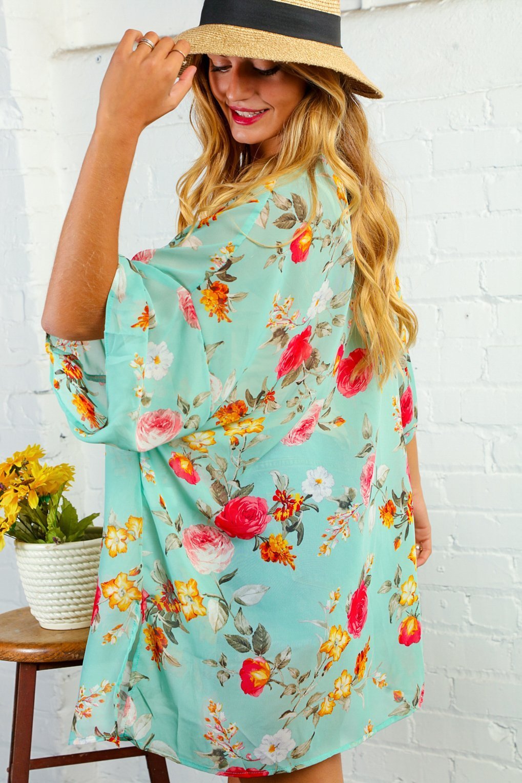 Mint Floral Open Kimono with Side Slits