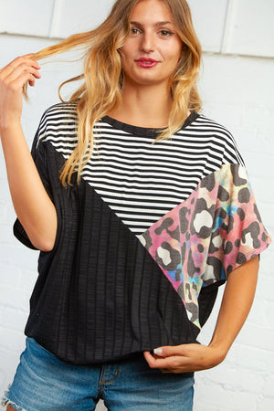 Stripe Leopard Print Color Block Dolman Top