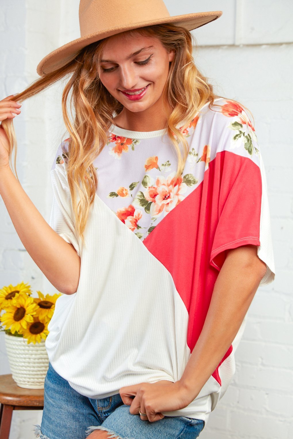 Floral Color Block Dolman Knit Top