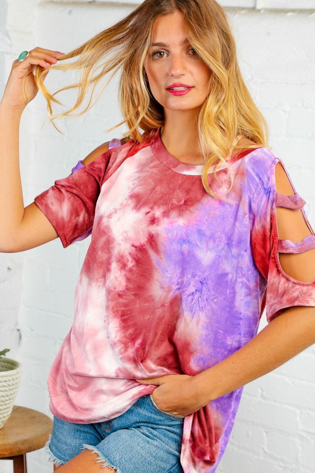 Tie Dye Cold Shoulder Raglan Top